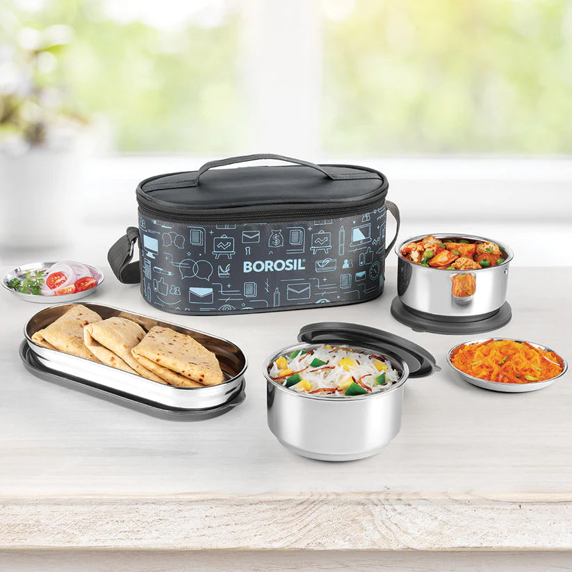 Borosil Carry fresh Lunchbox Set of 3 Horizontal, Container Size 475ml x 1 + 280ml x 2